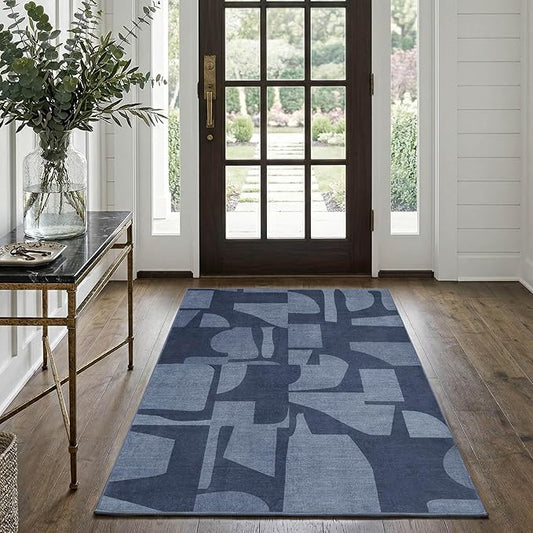 Latte&Fog 3x5 Entryway Rug Indoor, Modern Abstract Washable Area Rug, Boho Non Slip Low Pile Throw Carpet for Indoor Bedroom Bedside, Kitchen, Entry and Living Room - Navy Blue