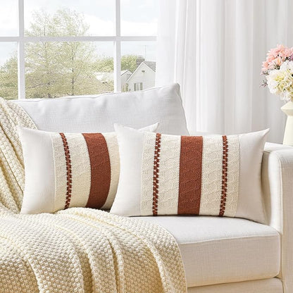 Fancy Homi Set of 1 Rust Boho Long Lumbar Decorative Throw Pillow Cover 12x20 Inch for Couch Bed Sofa, Aesthetic Modern Organic Fall Room Decor, Soft Cotton Cute Terracotta Farmhouse Cushion Case