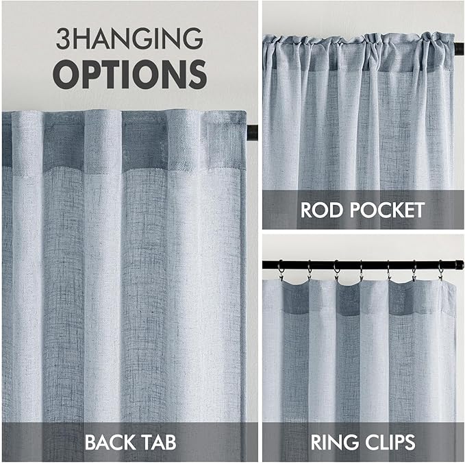 MIULEE Chambray Blue Linen Curtains 84 Inch Length 2 Panels for Bedroom Living Room, Soft Linen Textured Window Drapes Semi Sheer Light Filtering Back Tab Rod Pocket Farmhouse Modern Burlap Look Decor