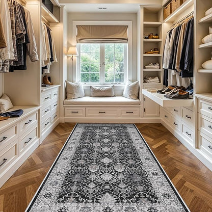 Washable 4x8 Hallway Runner Rug: Vintage 8ft Soft Runners for Entry Living Room Wide Low Pile Carpet with Non-Slip Backing for Kitchen Bedroom Thin Stain Resistant Floor Mat for Dining Room(Black,4x8)