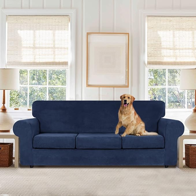 WEERRW 4 Pieces Velvet High Stretch Couch Covers for 3 Cushion Couch Sofa Slipcovers, Washable Furniture Protector with Non Slip Elastic Bottom, Feature Soft and Thick Plush Fabric, Navy Blue, Large