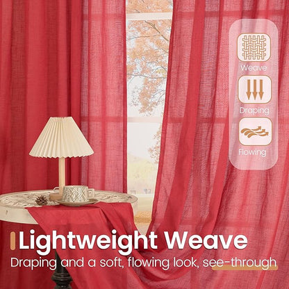 BGment Long Linen Semi Sheer Curtains 102 Inch Length for Living Room, Red Lightweight Window Drapes for Bedroom with Rod Pocket Light Filtering Rustic Textured, 2 Panels Set, Each 52 Inch Wide