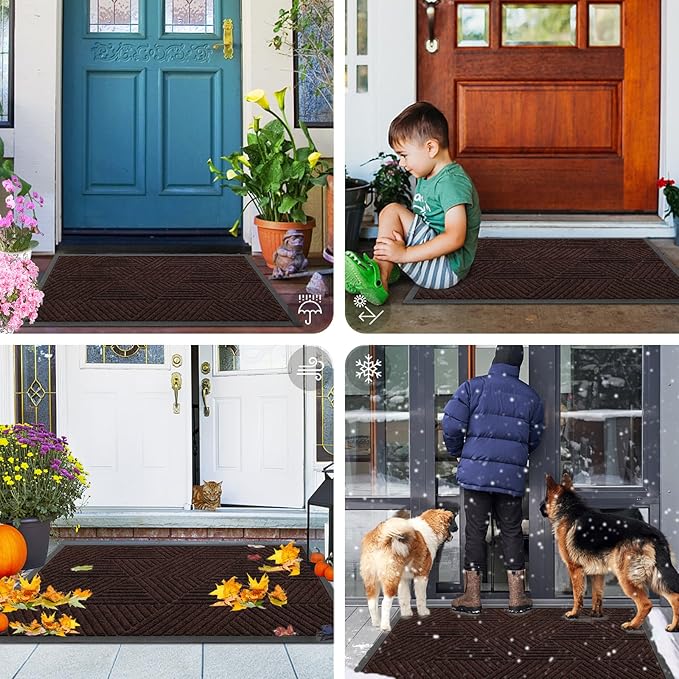 Smiry Front Door Mat Outside Entrance, Heavy Duty Sturdy Natural Rubber Doormat, Trap Dirt and Moisture, Easy Clean Low Profile Mats for Indoor Outdoor Entry, Irregular Triangle (29.5x17, Deep Brown)
