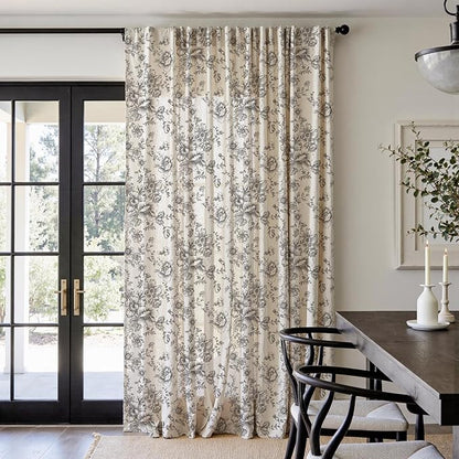 jinchan Linen Floral Curtains Extra Wide for Patio Sliding Glass Door Room Divider Curtain for Living Room 96 Inch Length Farmhouse Peony Black Printed Curtain Set 1 Panel