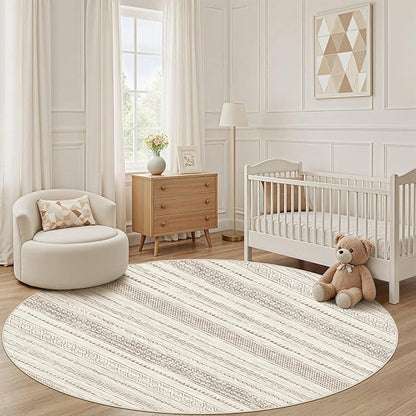 Nakagishi Round Rug Boho Area Rugs: 8x8 Washable Large Circle Neutral Soft Stain Resistant Non-Slip Carpet for Women Aged 25-45 Farmhouse Decor Enthusiasts - Living Room Bedroom Dining Room Nursery