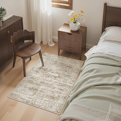 2x3 Washable Rugs for Kitchen, Floor, Entryway, Powder Room Small Area Rug Non-Slip Vintage Low Pile Throw Door Mat Brown