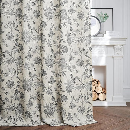 jinchan Linen Floral Curtains for Living Room with Printed Flower 84 Inches Long Light Filtering French Country Back Tab Rod Pocket Black Window Curtain Set Farmhouse Drapes 2 Panels Black