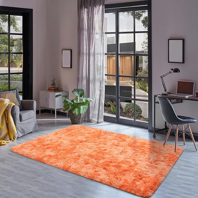 Goideal Fluffy Rug for Bedroom Living Room, 7x10 Orange Area Rugs, Faux Fur Shag Modern Carpet Ultra Soft Girls Boys Room Home Decor, Tie-Dyed