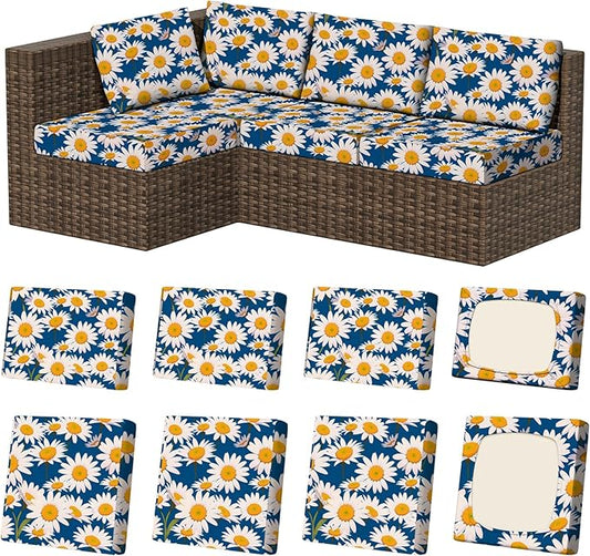 8Pcs Stretch Patio Cushion Covers, Outdoor Couch & Sofa Replacement Slipcovers for Patio Furniture Cushion Covers, Washable Reusable Furniture Protector