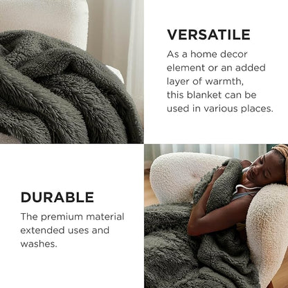 Bedsure GentleSoft Fluffy Olive Green Blankets Queen Size for Bed, Thick Sherpa Faux Fur Fleece Fuzzy Plush Winter Warm Soft Queen Blankets, Bedroom Olive Green Decor Cozy Gifts for Women Men, 90x90