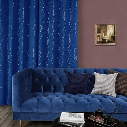 Deconovo Blackout Curtains, 38 x 90 Inch Drapes for Sliding Door with Wave Dot Silver Print, Soundproof Thermal Insulated Window Curtain for Bedroom Living Room, Set of 2, Machine Washable, Royal Blue
