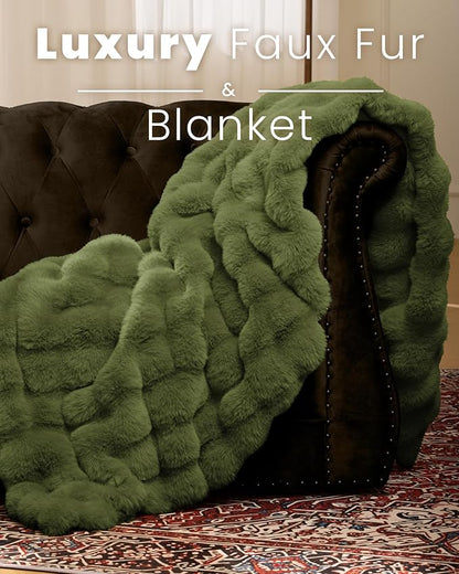 Ultra Soft Cozy Faux Fur Throw Blanket, Fuzzy Plush Thick Bubble Blanket, Oversize Luxury Fluffy Blanket for Couch, Sofa, Bedroom, and Living Room,50x60 Inches,Green