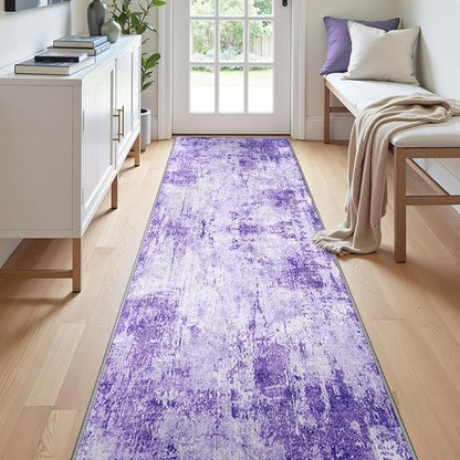 Washable Area Rugs 2'x10' Non-Slip Modern Abstract Soft for Living Room Entryway Bedroom Nursery, Print Pattern, Purple Gray Pink White