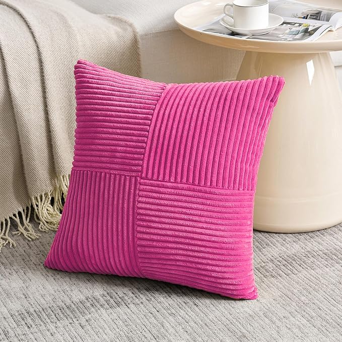 Fancy Homi 2 Packs Hot Pink Big Decorative Throw Pillow Covers 24x24 Inch for Living Room Couch Bed, Rustic Farmhouse Boho Home Decor, Soft Corss Corduroy Patchwork Accent Square Cushion Case 60x60 cm