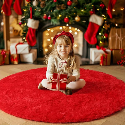Amdrebio Red Round Rug 5Ft for Boys Bedroom, Fluffy Fuzzy Circle Area Rugs for Kids Room Decor Aesthetic, Plush Shaggy Furry Carpet for Living Room Nursery Dorm Classroom, Shag Baby Teen Christmas Rug