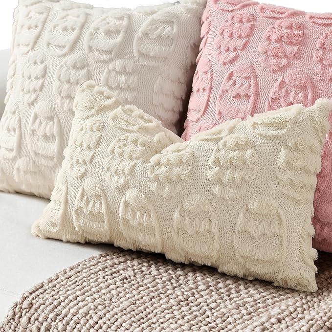 decorUhome Easter Beige Egg Pillow Covers 12x20 Inch Set of 2, Soft Plush Faux Wool Jacquard Cushion Covers, Farmhouse Neutral Fuzzy Spring Easter Holiday Decor for Couch Sofa Bed