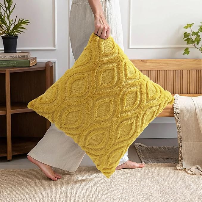 decorUhome Summer Throw Pillow Covers 18x18 Inch Set of 2, Soft Plush Faux Wool Mustard Yellow Solid Couch Pillow Covers, Accent Farmhouse Neutral Square Pillow Cases for Sofa Bed Living Room