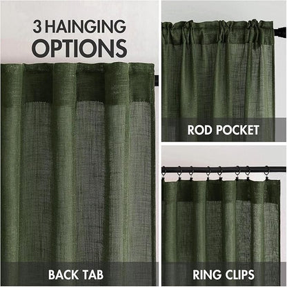 MIULEE Olive Green Linen Curtains 90 Inch Long for Bedroom Living Room, Soft Thick Linen Textured Window Drapes Semi Sheer Light Filtering Rod Pocket Back Tab Christmas Burlap Look, 2 Panels