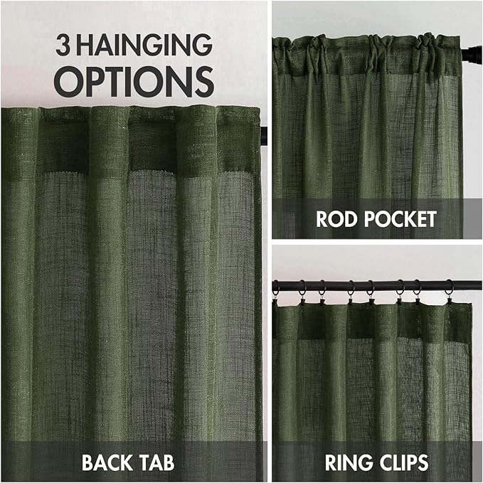 MIULEE Olive Green Linen Curtains 72 Inch Length for Bedroom Living Room, Soft Thick Linen Textured Window Drapes Semi Sheer Light Filtering Back Tab Rod Pocket Burlap Look Christmas Decor, 2 Panels