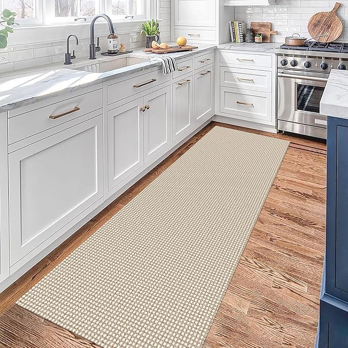 KOZYFLY Runners for Hallways 2x7 ft Washable Kitchen Runner Non Slip Rubber Backed Hall Runners Cotton Entryway Runner Rugs Floor Carpet for Indoor Backdoor Bedroom Kitchen, Ivory/Khaki