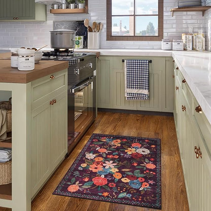Floral Rug for Entryway, 2X3 Washable Kitchen Mat Ultra-Thin Soft, Non-Slip Indoor Door Carpet Stain Resistant Boho Small Low-Pile Throw for Bathroom Bedroom (2 x 3, Purple Lawn)