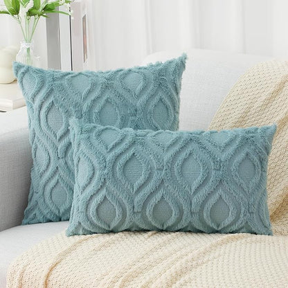 decorUhome Summer Throw Pillow Covers 12x20 Inch Set of 2, Soft Plush Faux Wool Aqua Solid Couch Pillow Covers, Accent Farmhouse Neutral Rectangle Pillow Cases for Sofa Bed Living Room