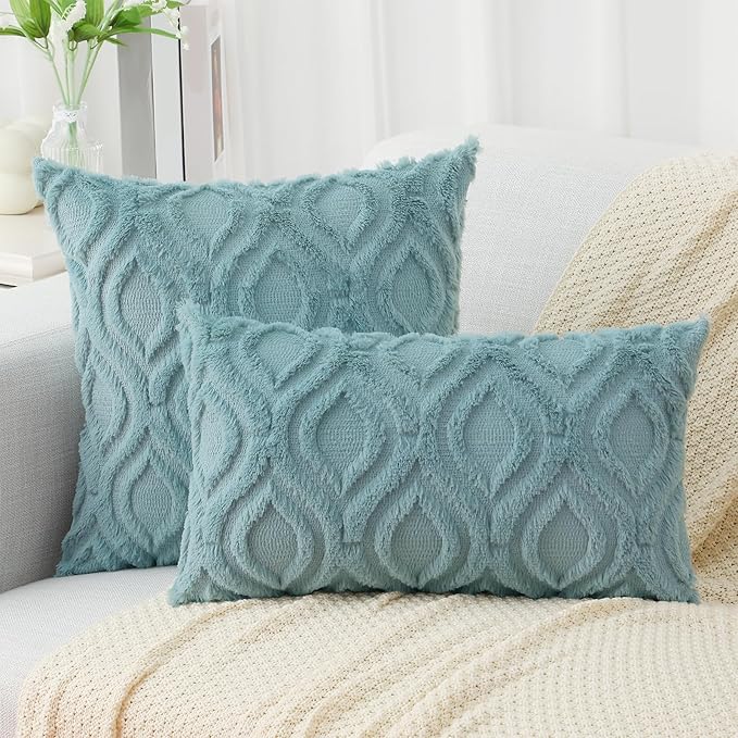 decorUhome Summer Throw Pillow Covers 20x20 Inch Set of 2, Soft Plush Faux Wool Aqua Solid Couch Pillow Covers, Accent Farmhouse Neutral Square Pillow Cases for Sofa Bed Living Room