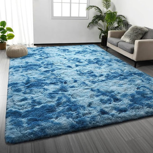 Large Shag Area Rugs 5 x 8, Tie-Dyed Plush Fuzzy Rugs for Living Room, Ultra Soft Fluffy Furry Rug for Bedroom, Indoor Carpet Nursery Rugs for Kids Room Home Decor, Bright Blue