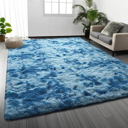 Deerhoo Large Shag Area Rugs 6 x 9, Tie-Dyed Plush Fuzzy Rugs for Living Room, Ultra Soft Fluffy Furry Rug for Bedroom, Indoor Carpet Nursery Rugs for Kids Room Home Decor, Bright Blue