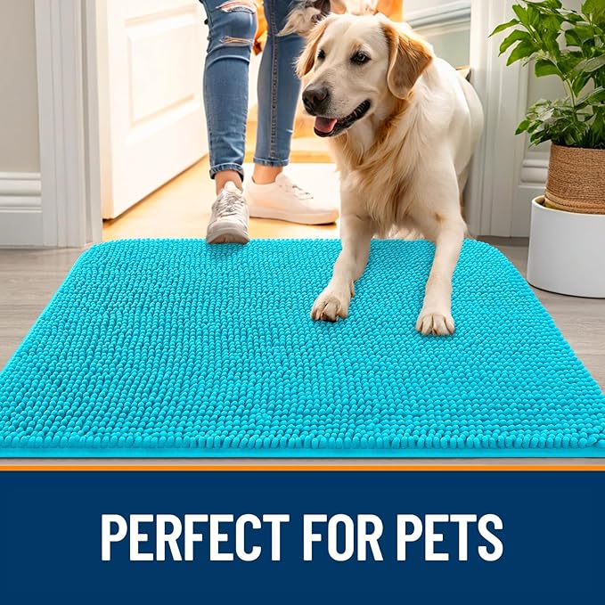 OLANLY Dog Door Mat for Muddy Paws 44x32, Absorbs Moisture and Dirt, Absorbent Non-Slip Washable Doormat, Quick Dry Chenille Mud Mat for Dogs, Entry Indoor Entryway Carpet for Inside Floor, Aqua Blue
