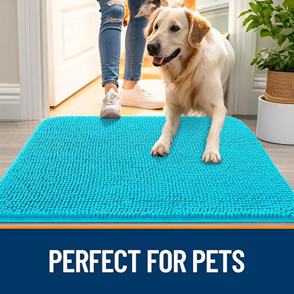 OLANLY Dog Door Mat for Muddy Paws 59x32, Absorbs Moisture and Dirt, Absorbent Non-Slip Washable Doormat, Quick Dry Chenille Mud Mat for Dogs, Entry Indoor Entryway Carpet for Inside Floor, Aqua Blue