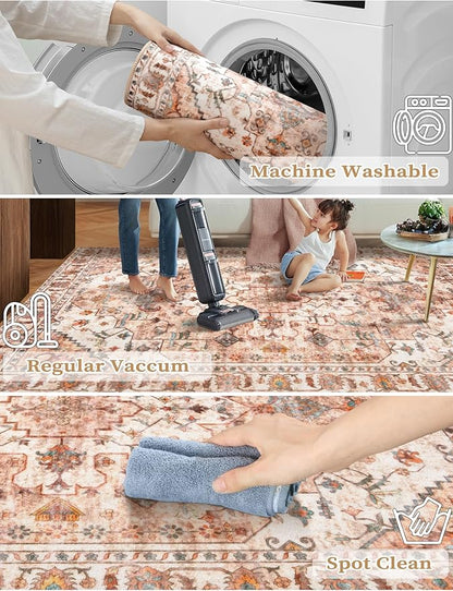 SERISSA Boho Washable Runner Rug, 2'6"x10' Long Non-Slip Vintage Peach Cream Hallway Kitchen Stair Runner Rug Ultra Soft Print Distressed Floor Carpet for Bedroom Bathroom Laundry Room