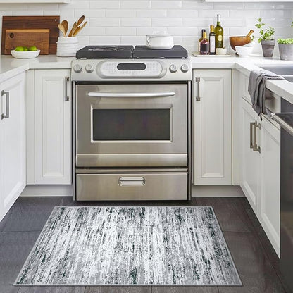 Lansny Modern Abstract Entryway Rug Indoor 2x3 Washable Rug Non-Slip Soft Small Area Rug Black Grey White Kitchen Mats Thin Print Faux Wool Floor Carpet Throw Rugs for Entrance Bedroom Home Decor