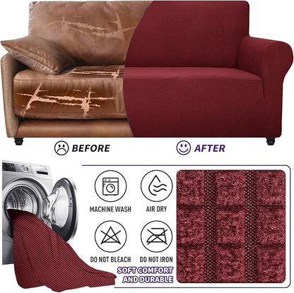 ZNSAYOTX Super Stretch Couch Cover Love Seat Sofa Covers for Living Room Dogs Pet Friendly Furniture Protector Spandex Loveseat Slipcovers with Anti Slip Foam Sticks (Wine Red, Loveseat)