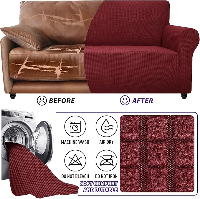 ZNSAYOTX Stretch Oversized Couch Cover Universal Sofa Covers for Living Room Dogs Pet Furniture Protector Spandex Extra Large Sofa Slipcovers with Anti Slip Foam Sticks (Wine Red, XL Sofa)