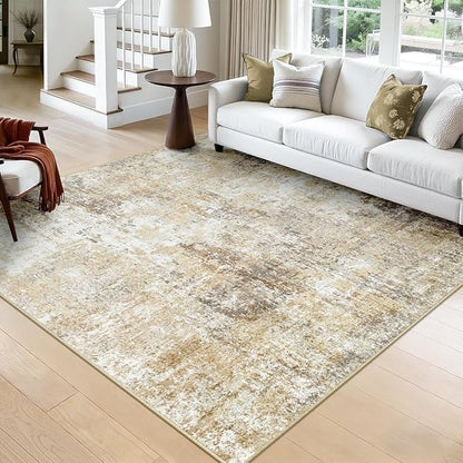 Washable Area Rugs Square 8ft Non-Slip Modern Abstract Soft for Living Room Entryway Bedroom Nursery, Print Pattern, Neutral Brown Gray