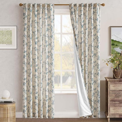 jinchan Floral Curtains Lined Linen Blend Curtain for Living Room 84 Inch Length Blue Flower Patterned Curtain French Country Farmhouse Curtains Drapes Back Tab Rod Pocket 2 Panels