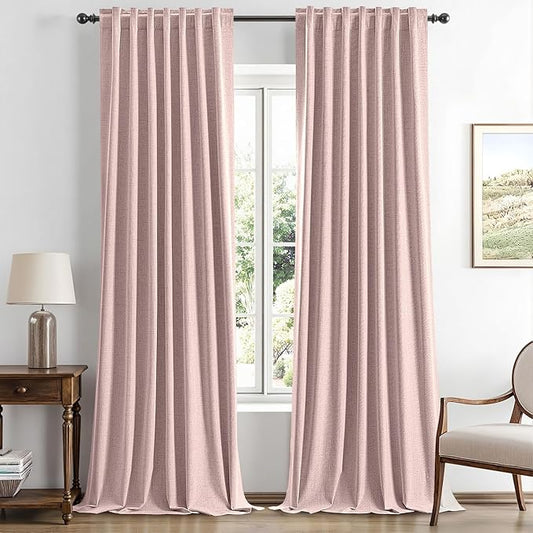 MIULEE 100% Blackout Linen Curtains for Bedroom, Pink Solid Luxury Decor Thermal Insulation Room Darkening Drapes for Living Room Nursery Back Tab Rod Pocket 42 x 96 Inches, 2 Panels
