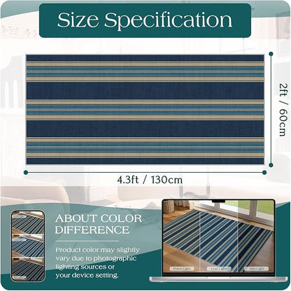 Front Door Mat Indoor Entrance - 2x4.3 Ft Striped Washable Welcome Layered Doormat Outdoor Entrance Porch Rug Non-Slip Navy Blue Coastal Runner Rug for Kitchen Bedroom Laundry Room Porch Decor