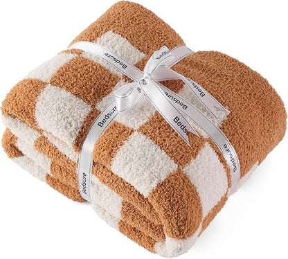 Bedsure GentleSoft Checkered Throw Blanket for Couch - Super Soft Cozy & Warm Knit Burnt Orange Blanket, Breathable, Lightweight & Fluffy Plaid Blankets for Bed, Sofa, Gifts for Women, 50x60 Inches