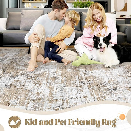 XLUEZ 5x7 Area Rugs for Living Room, Washable Modern Abstract Large Area Rug Neutral Soft Non Slip Kids Rug Stain Resistant Indoor Carpet for Bedroom Nursery Dining Room Playroom(Beige, 5'x7')