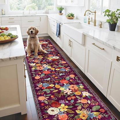 Floral Hallway Runner Carpet Non-Slip, 2x10 Washable Rug Ultra-Thin Soft for Hallways, Kitchen Mat Stain Resistant for Entryway Bathroom (2 x 10, Purple Lawn)