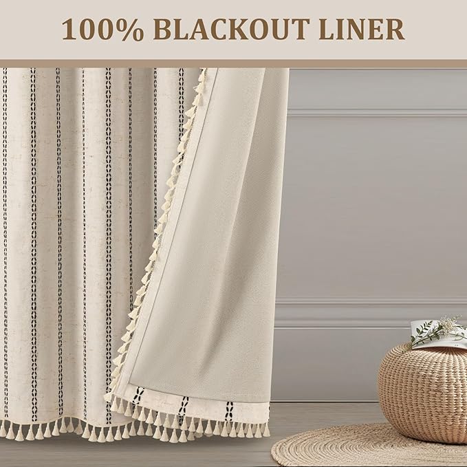 Beige Boho Blackout Curtains 2 Panels 84 Inch for Living Room Bedroom, Linen Texture Farmhouse Curtains with Tassels and Black Cotton Embroidery Vintage Rustic Western Rod Pocket