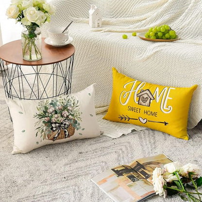 AVOIN colorlife Bless Our Home Farmhouse Eucalyptus Leaves Throw Pillow Covers, 12 x 20 Inch Yellow Truck Home Sweet Cushion Case Decorations Set of 4
