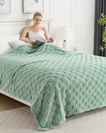 Sage Green 300GSM Fluffy XL Throw Blanket Soft Fleece Bed and Couch Blankets for Bedroom, Farmhouse, and Aesthetic Room Decor 5070