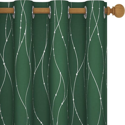 Deconovo Green Curtains, Christmas Blackout Drapes, Thermal Insulated Soundproof Drape, Wave Line Dot Foil Print, 52 x 84 Inch, 2 Panels, Machine‑Washable Window Panel for Living Room Kitchen Nursery