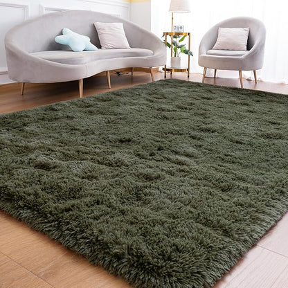 Goideal Fluffy Rug for Bedroom Living Room, 7x10 Olive Green Area Rugs, Faux Fur Shag Modern Carpet Ultra Soft Girls Boys Room Home Decor, Solid