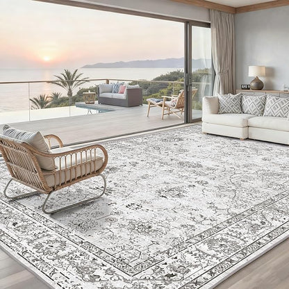 Grey White Area Rugs 10x14 Living Room, Non Slip Machine Washable Floral Rugs, Low Pile Lightweight Large Rug for Bedroom, Dining Room, Home Office(10 x 14, Grey White)