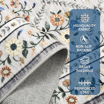 Washable Kitchen Rugs Non Slip 2x6 Hallway Runner Rug Stain Resistant Low Pile Floral Floor Rug with Rubber Backing Non Shedding Runners for Indoor Entryway Bedside Bedroom Farmhouse RV Grey Beige