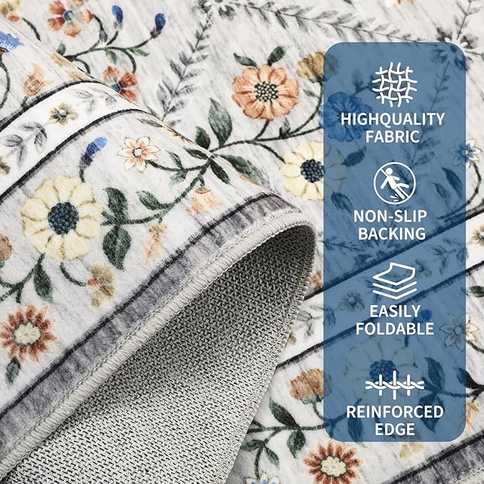 GarveeHome Grey Floral Rug 4x6 Rug Machine Washable Area Rug for Living Room Farmhouse Floral Low Pile for Dining Room, Bedroom Indoor Foldable Non-Slip Grey Beige RV